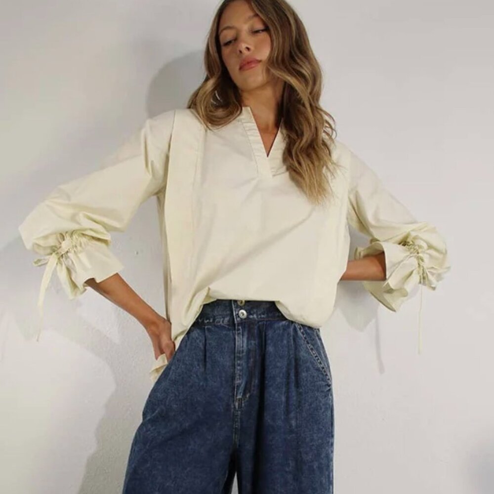 The Cassie Pleated Back Blouse – Puff Sleeve with Ribbon Ties